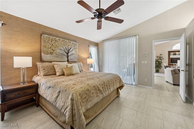 bedroom featuring baseboards, visible vents, a ceiling fan, access to exterior, and vaulted ceiling