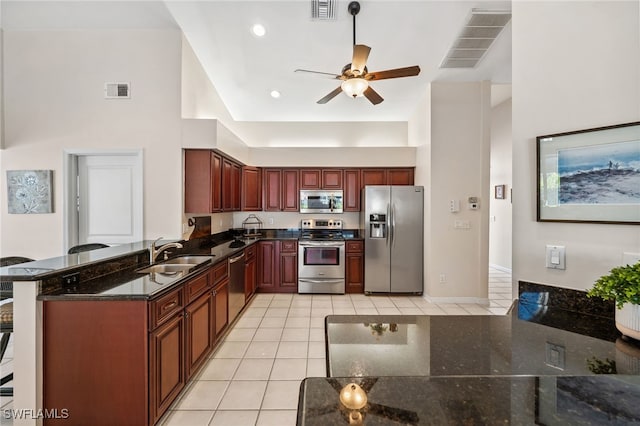 kitchen featuring appliances with stainless steel finishes, visible vents, a sink, and a peninsula