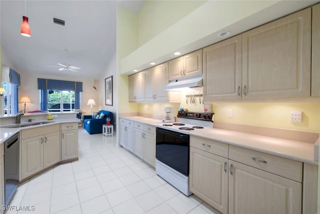 kitchen with decorative light fixtures, sink, stainless steel dishwasher, electric range, and ceiling fan