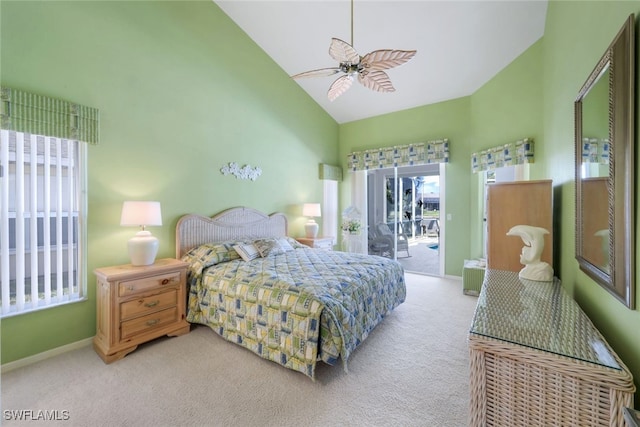 carpeted bedroom with radiator heating unit, access to outside, high vaulted ceiling, and ceiling fan