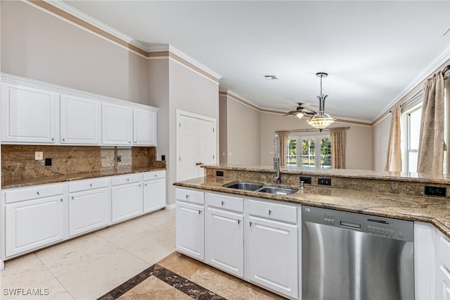 kitchen with tasteful backsplash, dishwasher, sink, white cabinets, and ornamental molding