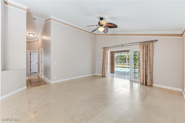 unfurnished room featuring ornamental molding, vaulted ceiling, and ceiling fan