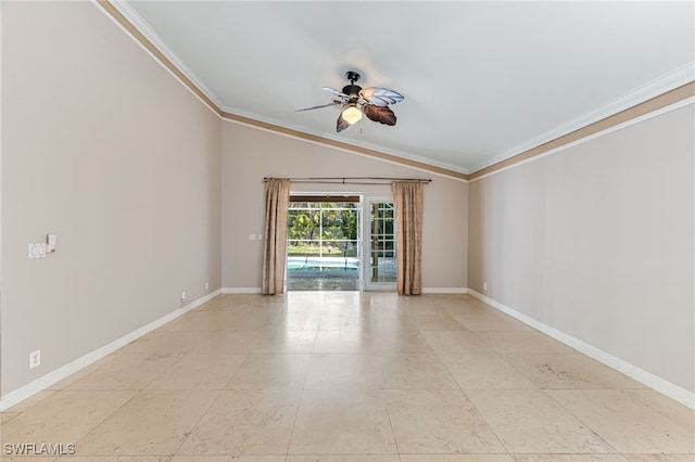 unfurnished room with ceiling fan, ornamental molding, and vaulted ceiling