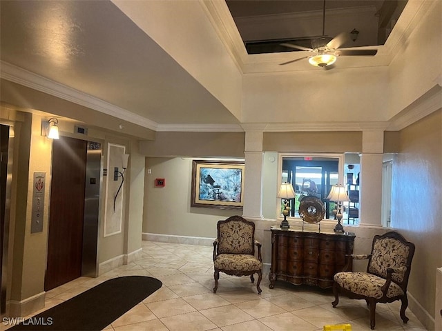 interior space with crown molding, ceiling fan, light tile patterned floors, and elevator