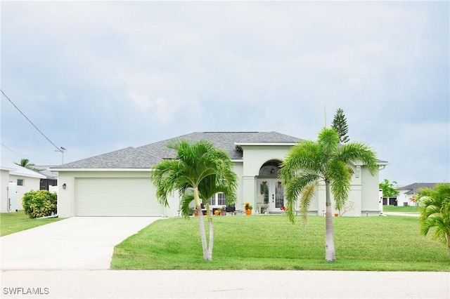 view of front of house with a garage and a front lawn