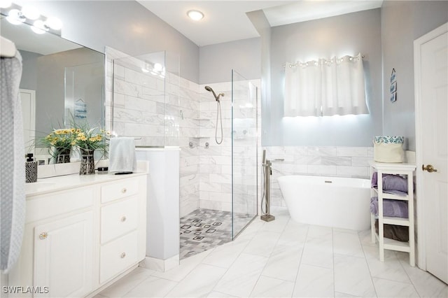 bathroom with independent shower and bath, vanity, and tile walls