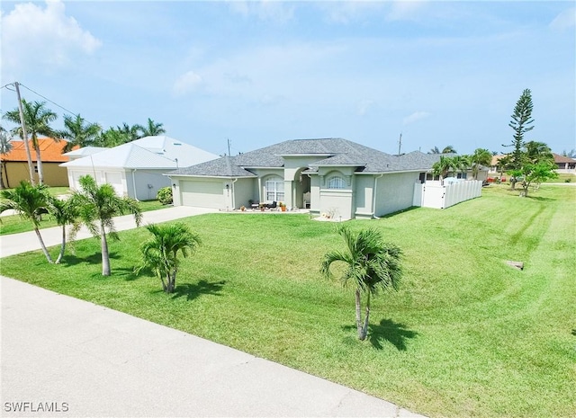 single story home with a garage and a front lawn