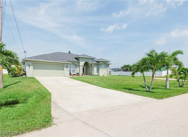 ranch-style house featuring a garage and a front yard