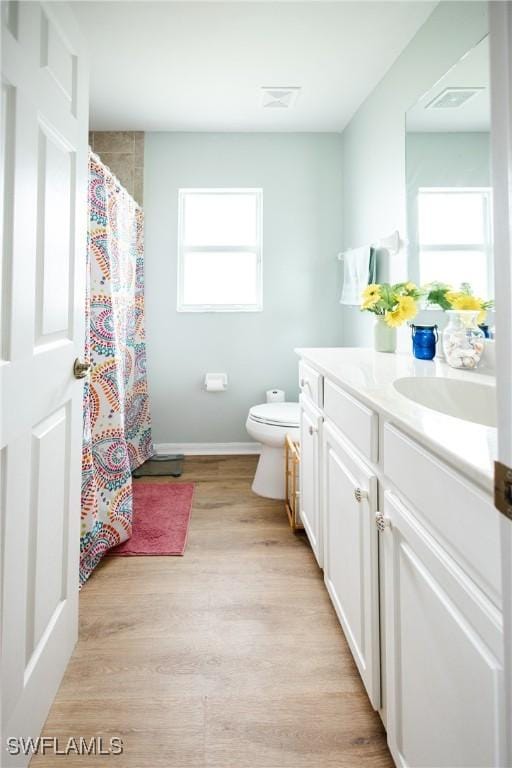 bathroom with wood-type flooring, toilet, and vanity