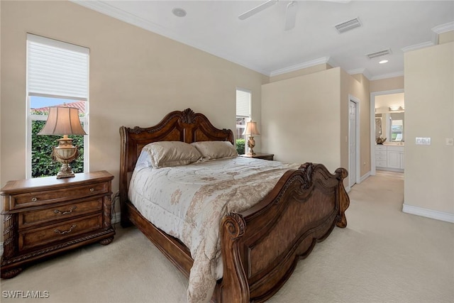 bedroom with ceiling fan, ornamental molding, ensuite bathroom, and light carpet