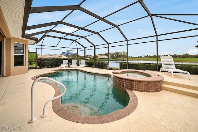 view of pool with a lanai, a patio, a water view, pool water feature, and an in ground hot tub