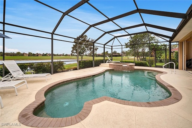 view of pool featuring a water view, an in ground hot tub, a lanai, and a patio area