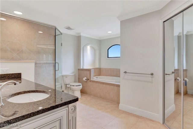 full bathroom with crown molding, tile patterned flooring, vanity, shower with separate bathtub, and toilet