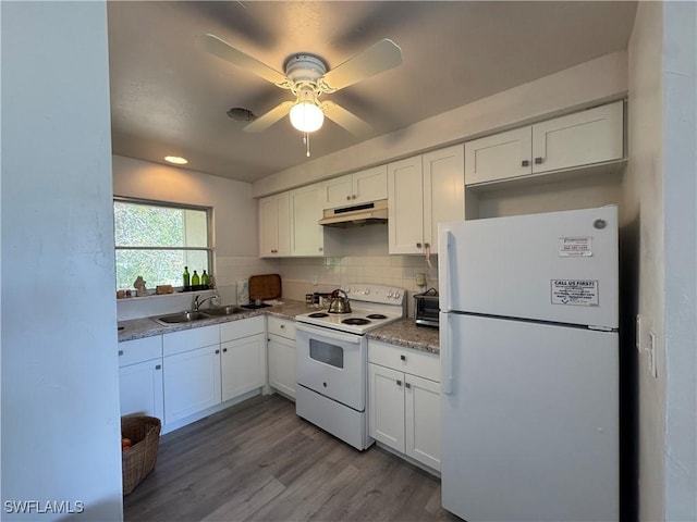 kitchen with sink, tasteful backsplash, light hardwood / wood-style flooring, white appliances, and white cabinets