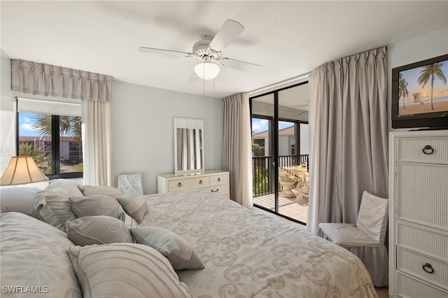 bedroom featuring ceiling fan, floor to ceiling windows, and access to exterior