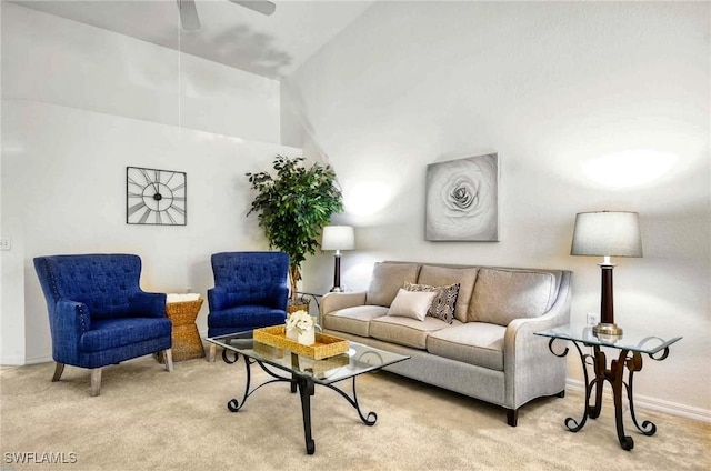 3260 Douglas Dr Unit 204, Naples, FL 34105 - carpeted living area with baseboards, a ceiling fan, and lofted ceiling
