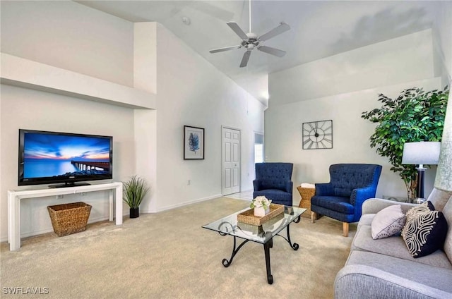 3260 Douglas Dr Unit 204, Naples, FL 34105 - living area with ceiling fan, baseboards, high vaulted ceiling, and carpet flooring