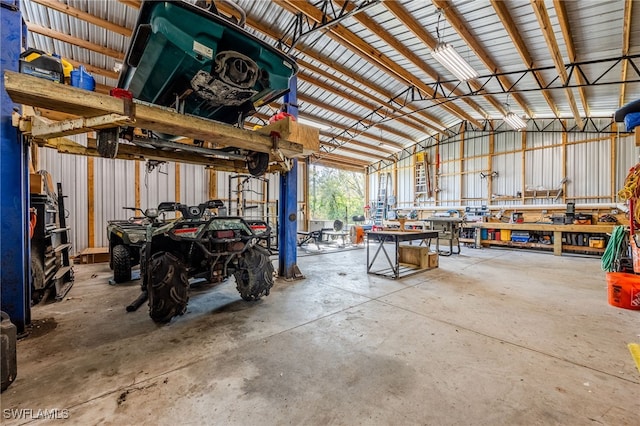 garage with a workshop area