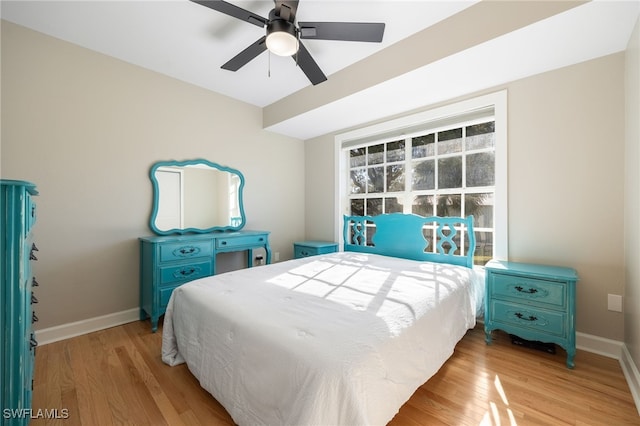 bedroom with ceiling fan and light hardwood / wood-style floors