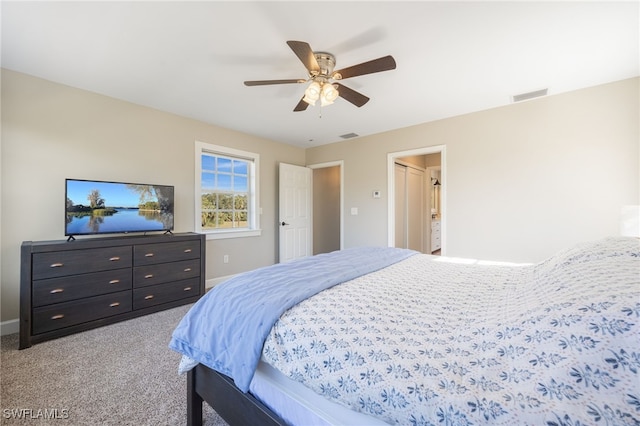 carpeted bedroom featuring ceiling fan