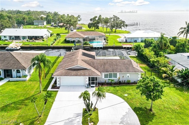 aerial view featuring a water view