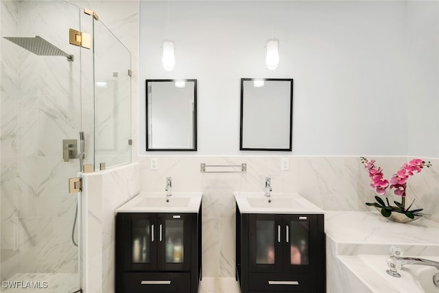 bathroom with vanity and walk in shower