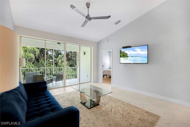 living room with vaulted ceiling and ceiling fan