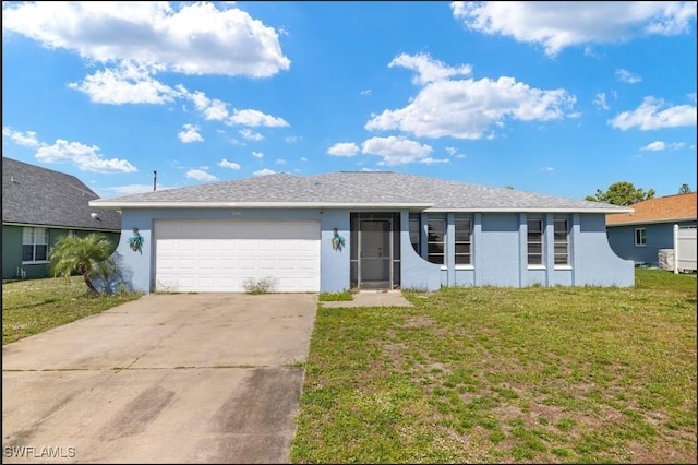 ranch-style house with a garage and a front yard