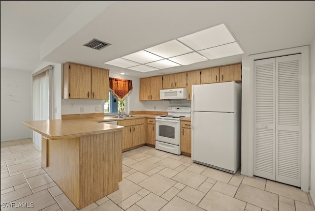 kitchen featuring white appliances, kitchen peninsula, and sink