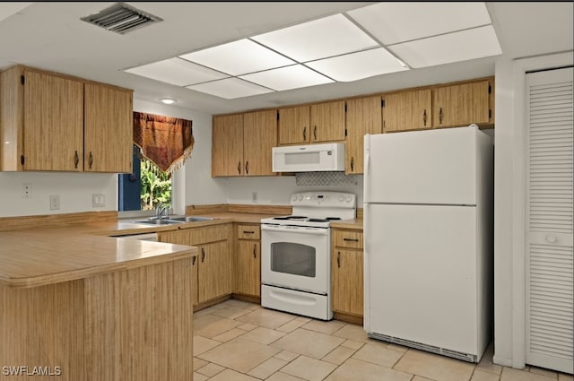 kitchen with tasteful backsplash, white appliances, kitchen peninsula, and sink