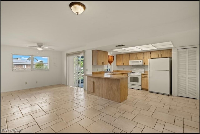 kitchen featuring ceiling fan, sink, white appliances, and kitchen peninsula