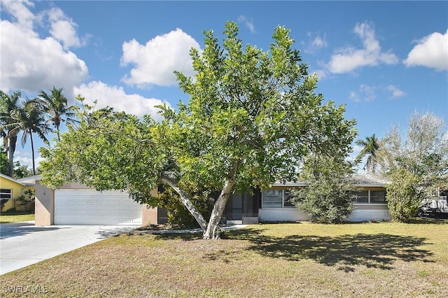 obstructed view of property with a front yard and a garage