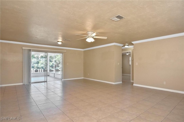 tiled empty room featuring a textured ceiling, ceiling fan, and ornamental molding