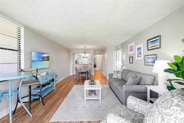 living room with hardwood / wood-style flooring and a textured ceiling