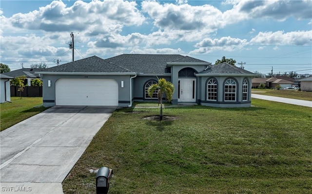 ranch-style house with a garage, a shingled roof, concrete driveway, stucco siding, and a front lawn