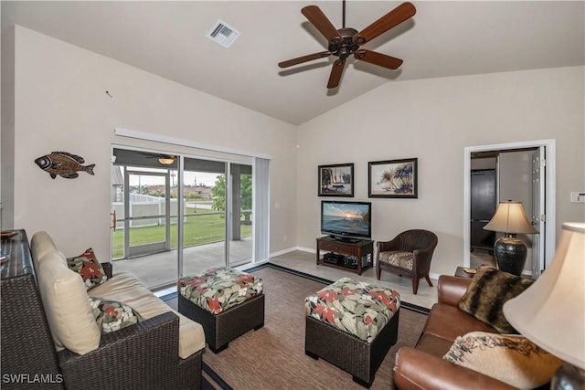 living room featuring lofted ceiling and ceiling fan