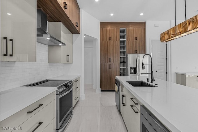 kitchen featuring pendant lighting, sink, backsplash, stainless steel appliances, and white cabinets