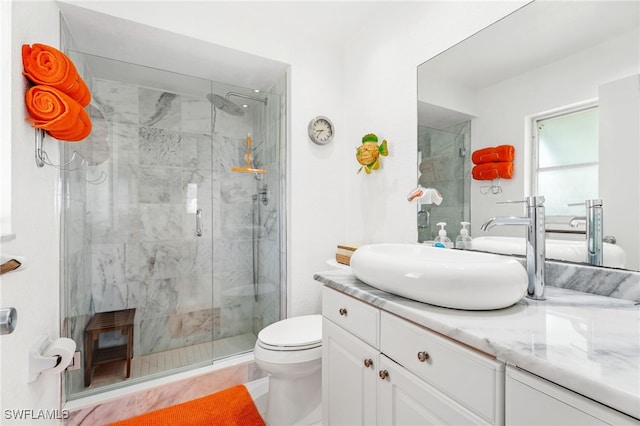 bathroom with vanity, a shower with door, and toilet