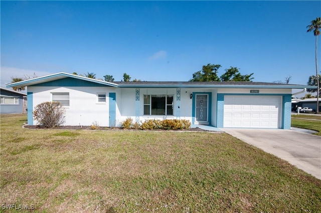 ranch-style house with a garage and a front lawn