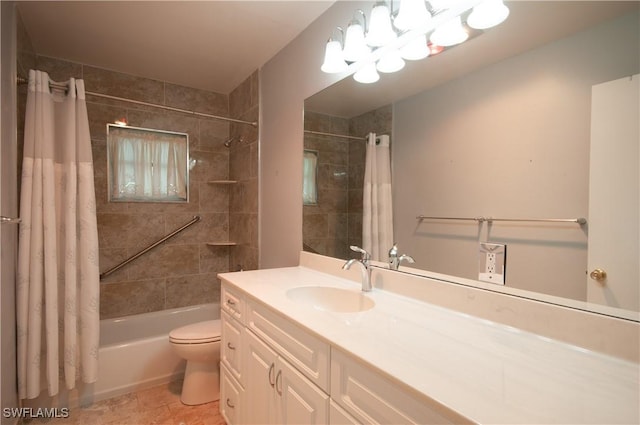 full bathroom featuring shower / bath combination with curtain, vanity, and toilet