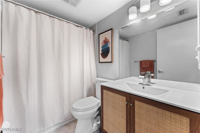 full bath featuring toilet, visible vents, and vanity