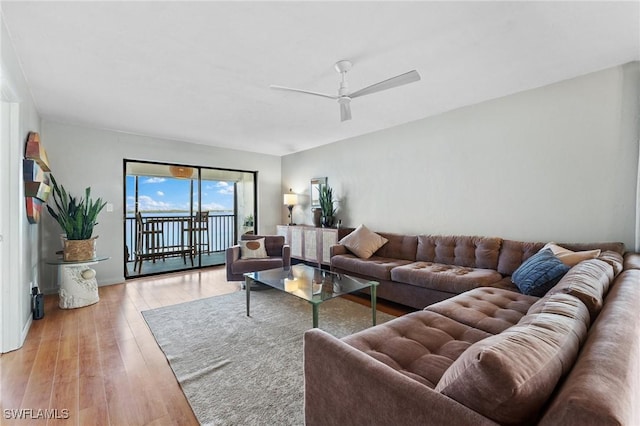 living area featuring a ceiling fan and wood finished floors