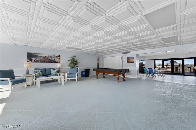 recreation room with an ornate ceiling, visible vents, and pool table