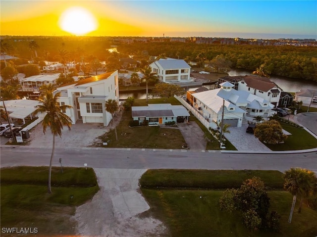 view of aerial view at dusk