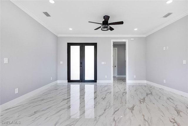 empty room with ornamental molding, ceiling fan, and french doors