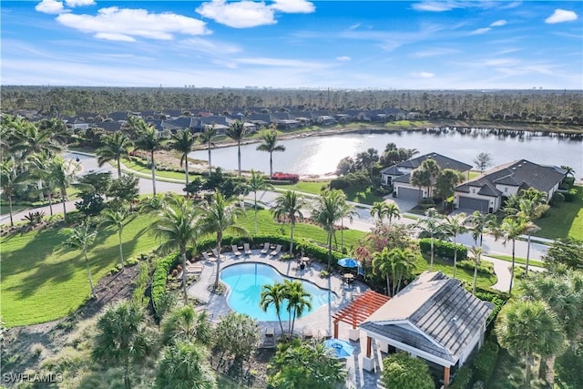 drone / aerial view featuring a water view