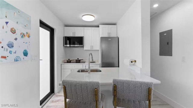 kitchen with stainless steel appliances, electric panel, a sink, and white cabinetry