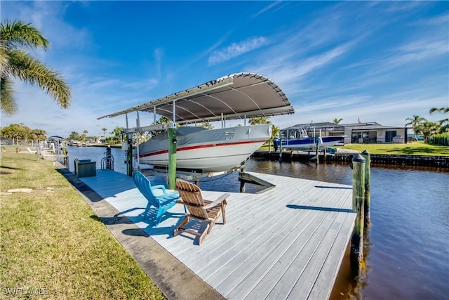 dock area with a water view and a lawn