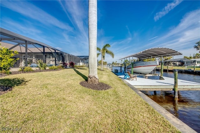 exterior space featuring a water view, glass enclosure, and a boat dock