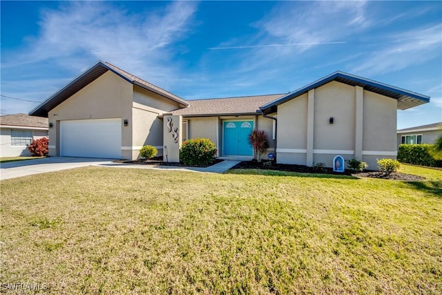 single story home with a garage and a front lawn